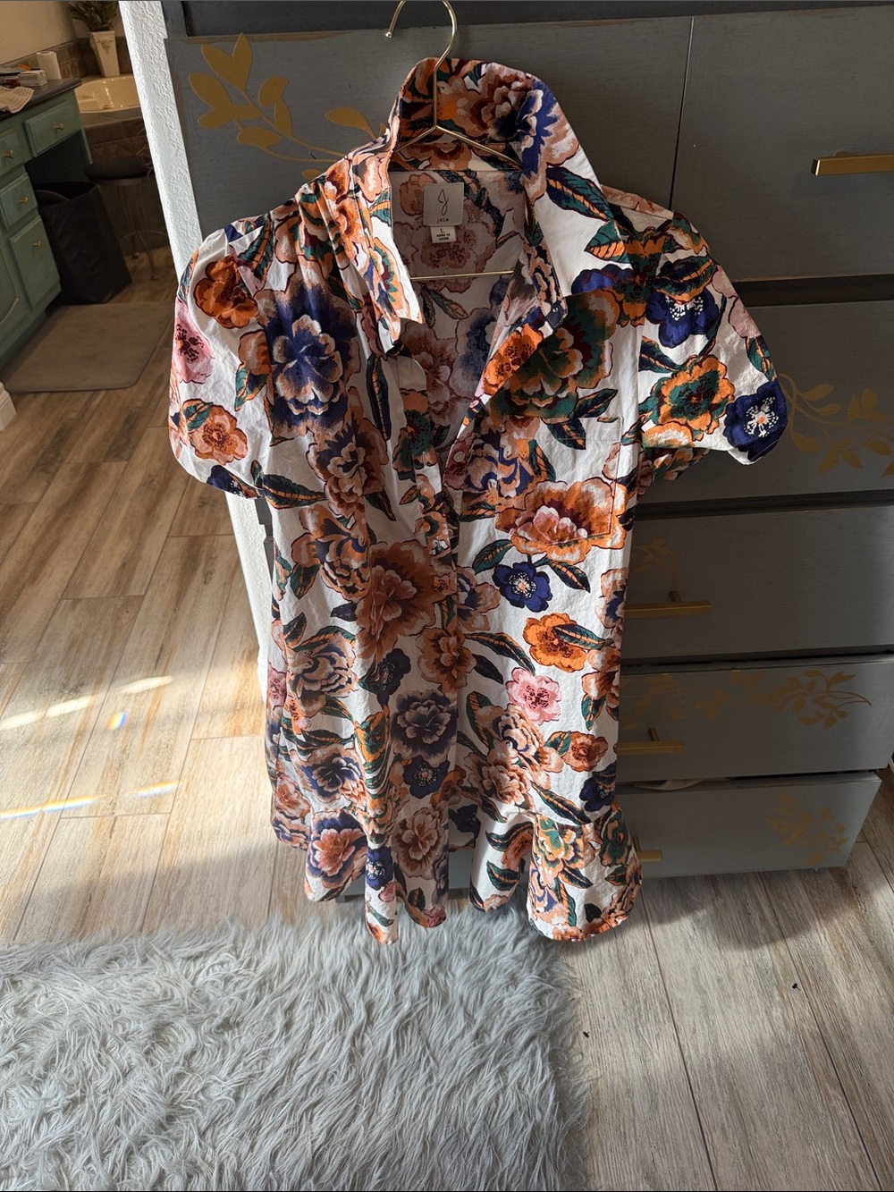 Joie Floral Shirt Dress in White with Orange, Navy & Green Flowers